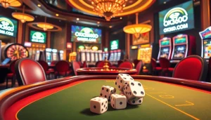 Experience the excitement of OK365KD.COM with vibrant casino scenes featuring poker tables and roulette wheels.