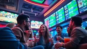 Engaged group reveling over sportsbooks in South Carolina, celebrating a betting win in a lively setting.