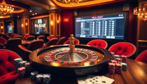 Excited gamblers at a luxurious casino table with the invitation to নিবন্ধন করুন for exclusive offers.