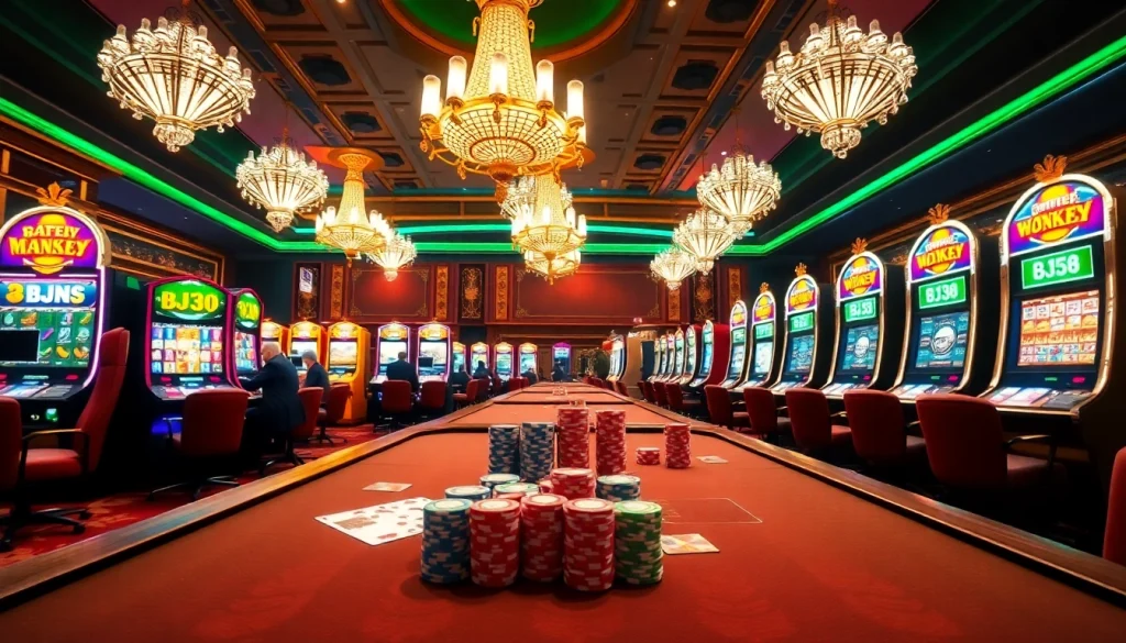 Experience the thrill of betting at BJ38 with vibrant gaming tables and engaging slot machines.
