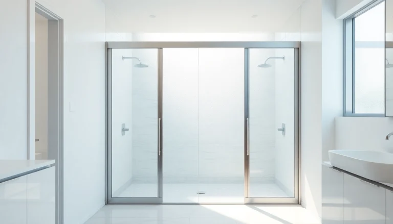 Stylish shower sliding doors enhancing a modern bathroom space with natural lighting.