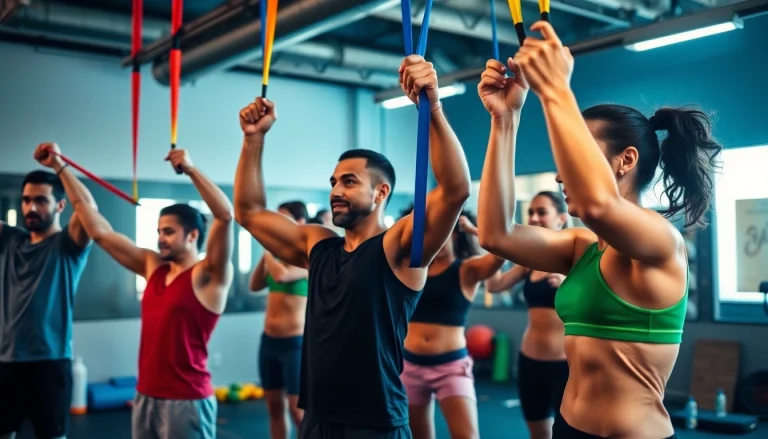 Individuals using a pull-up assist band in a fitness gym, showcasing strength and collaboration.