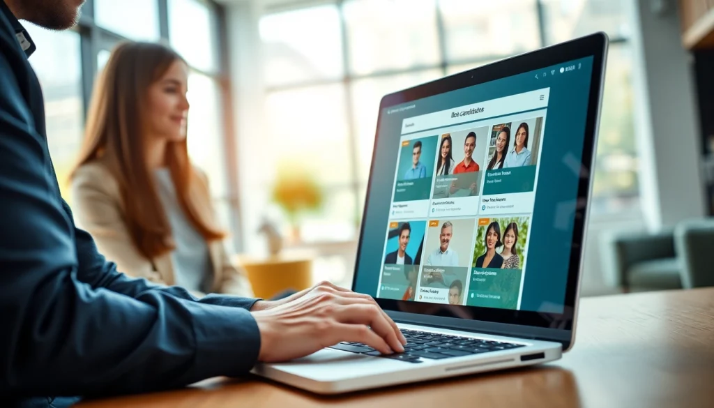 Engaging scene of sales recruiting job boards with a recruiter evaluating diverse candidates.