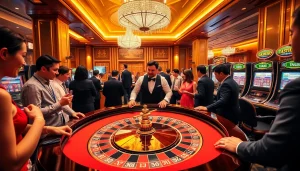 Players engage at a luxurious roulette table in the vibrant casino sc88.archi.