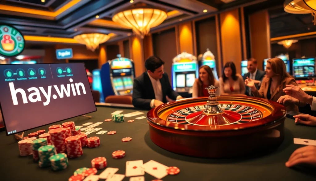 Experience the excitement of casino gaming at hay.win with vibrant poker chips and illuminated slot machines.