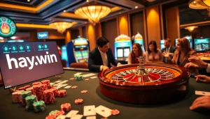 Experience the excitement of casino gaming at hay.win with vibrant poker chips and illuminated slot machines.