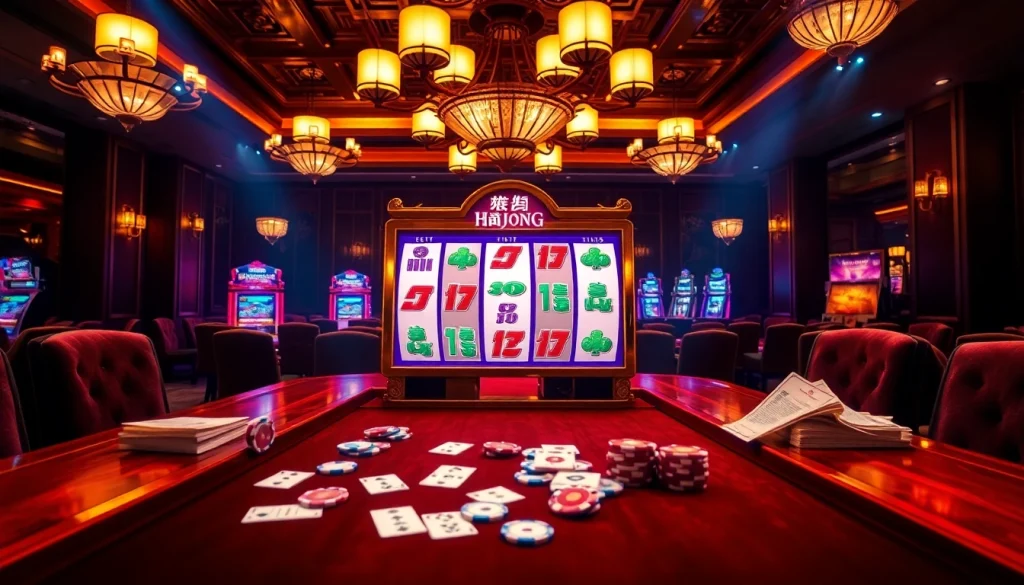 Winning spins on a vibrant slot demo mahjong machine in a luxurious casino setting.