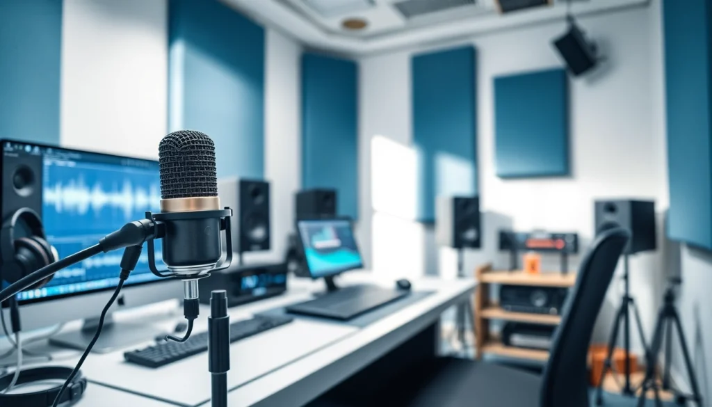 Create realistic audio with AI Voice in a vibrant studio environment featuring modern equipment