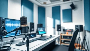 Create realistic audio with AI Voice in a vibrant studio environment featuring modern equipment