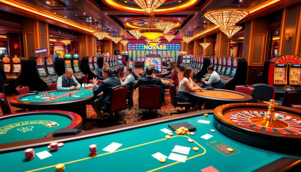A thrilling gambling scene at https://nova8886.com/ featuring poker tables, roulette wheels, and happy casino players.