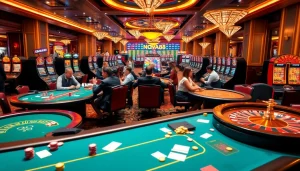 A thrilling gambling scene at https://nova8886.com/ featuring poker tables, roulette wheels, and happy casino players.