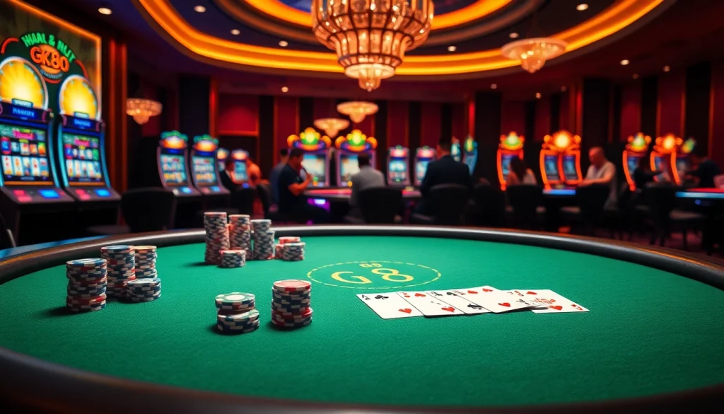 Engaging poker game setting with Gk88 branding, vibrant chips, and luxury ambiance.