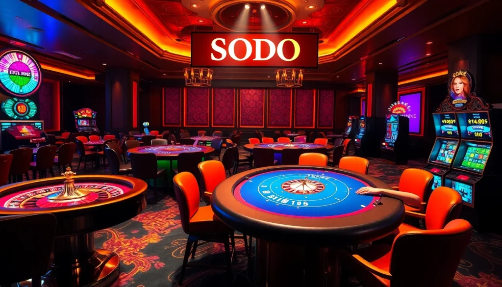 SODO Casino environment with lively poker games and a spinning roulette wheel, showcasing excitement.