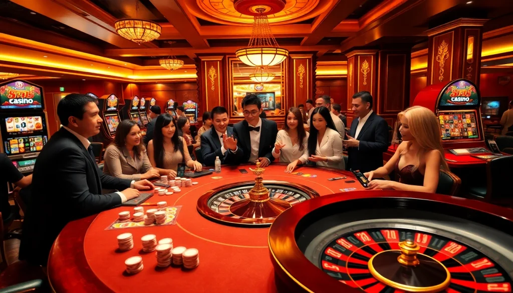 S8 casino scene featuring players at poker table and vibrant slot machines in a luxurious setting.