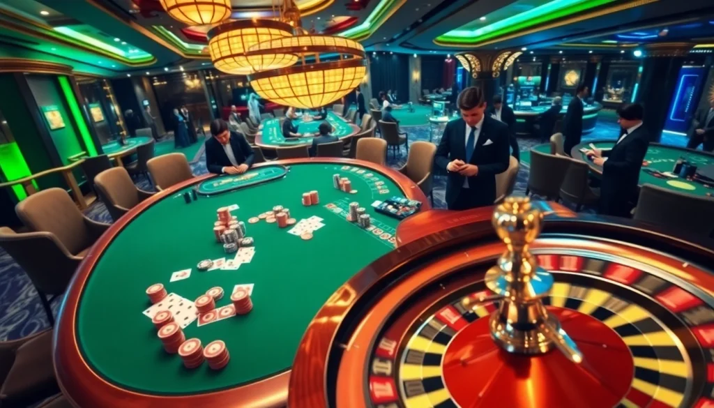 Experience thrilling gameplay at OKWIN, showcasing vibrant casino tables and exciting betting action.