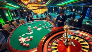 Experience thrilling gameplay at OKWIN, showcasing vibrant casino tables and exciting betting action.