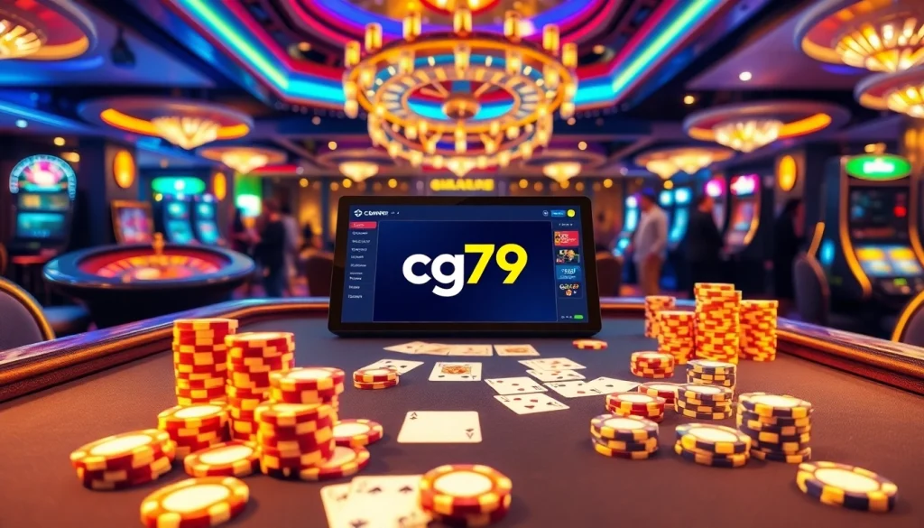 Người chơi đang chơi poker tại bàn casino cg79 sang trọng với các chip và lá bài rực rỡ.