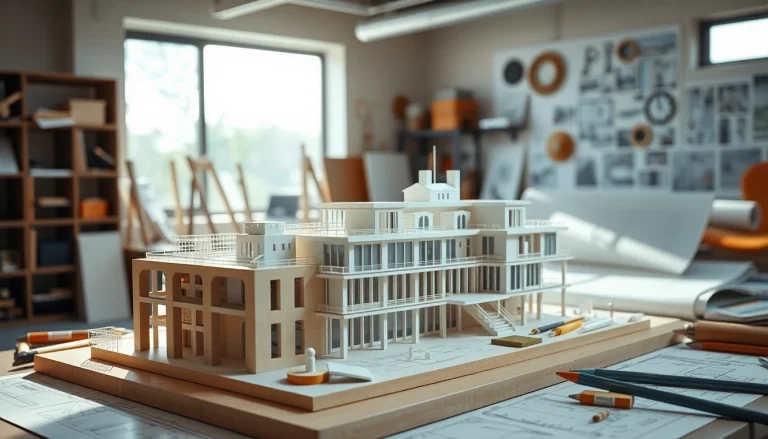 Wettbewerbsmodell im Designprozess, umgeben von Architekturwerkzeugen und Plänen.