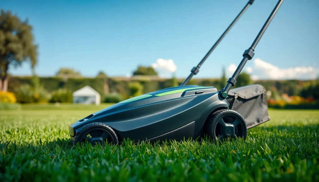 Electric lawn mower cordless cutting through lush grass in a bright, serene garden setting.
