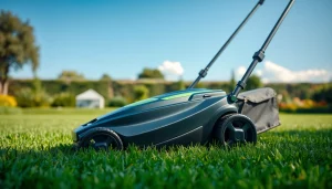 Electric lawn mower cordless cutting through lush grass in a bright, serene garden setting.