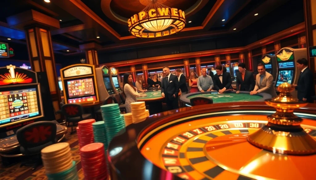 Players engaged in an exciting gambling experience at the s88 poker table surrounded by vibrant casino elements.