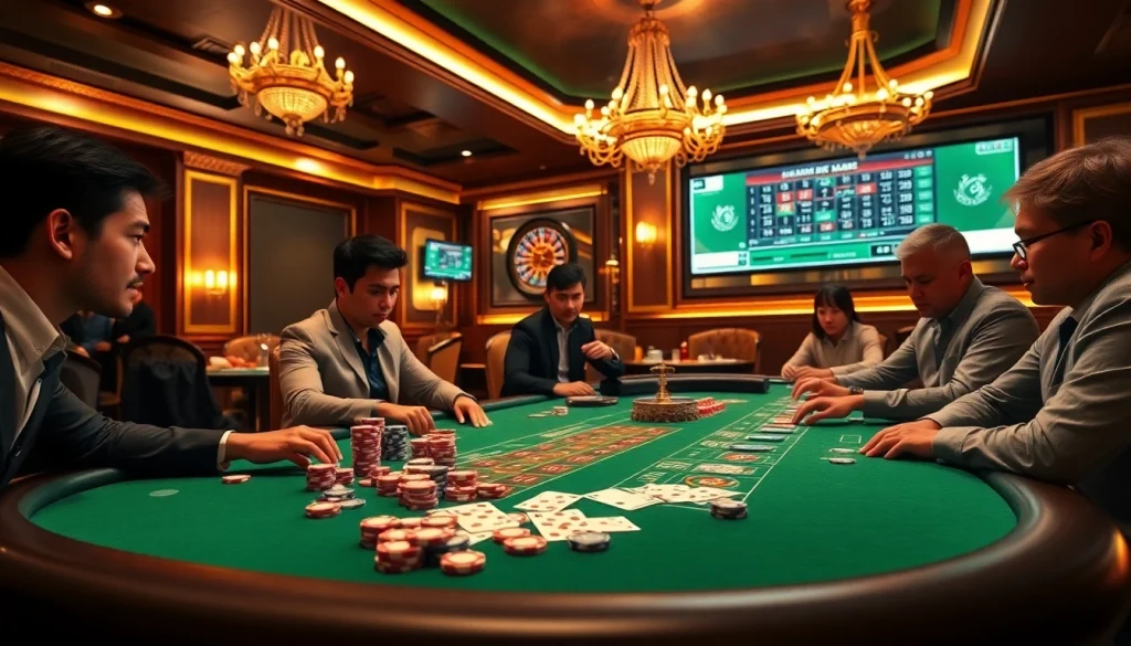 Engaging scene of players using sbobet link alternatif while betting at a luxurious casino table.