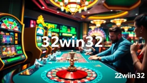 Engaging scene of players strategizing in a vibrant 32win32 casino atmosphere with colorful gambling elements.