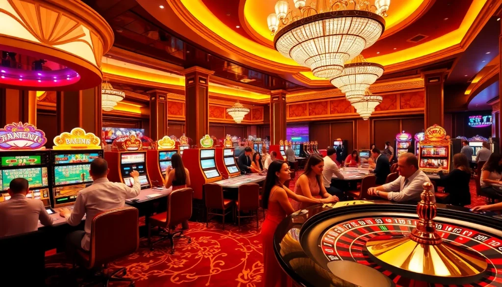 Experience excitement at https://urr88.com/ with players enjoying casino games and vibrant slot machines.