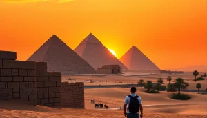 Capture the grandeur of the Great Pyramids of Giza at sunset with https://piraminds.com/ as a backdrop.