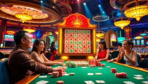 Putar gulungan slot demo Mahjong dengan visual kasino yang berwarna-warni dan pemain yang bersemangat.