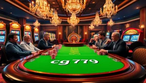 Người chơi đang tham gia một ván poker căng thẳng tại bàn sòng bạc sang trọng có chủ đề CG 79 với những quân chip rực rỡ.