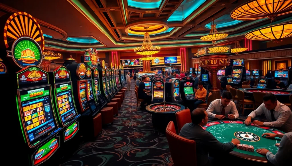 Engaging casino scene showcasing OK FUN-themed gaming excitement with players at tables.