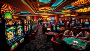 Engaging casino scene showcasing OK FUN-themed gaming excitement with players at tables.