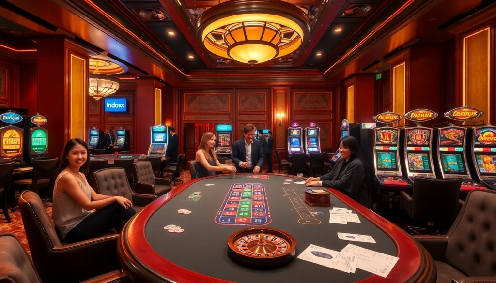 Vibrant casino scene illustrating high-stakes gambling excitement with indoxxi branding elements.