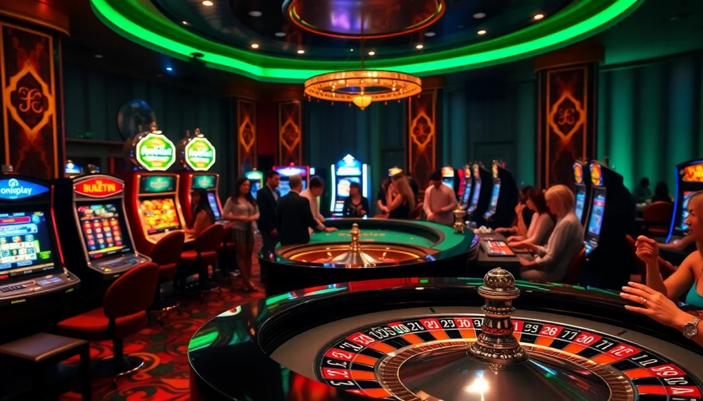 Exciting gameplay at onicplay with vibrant roulette and slot machines in a luxurious casino setting.