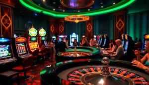 Exciting gameplay at onicplay with vibrant roulette and slot machines in a luxurious casino setting.