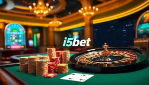 Exciting scene of i5bet casino featuring roulette, poker, and slot machines.