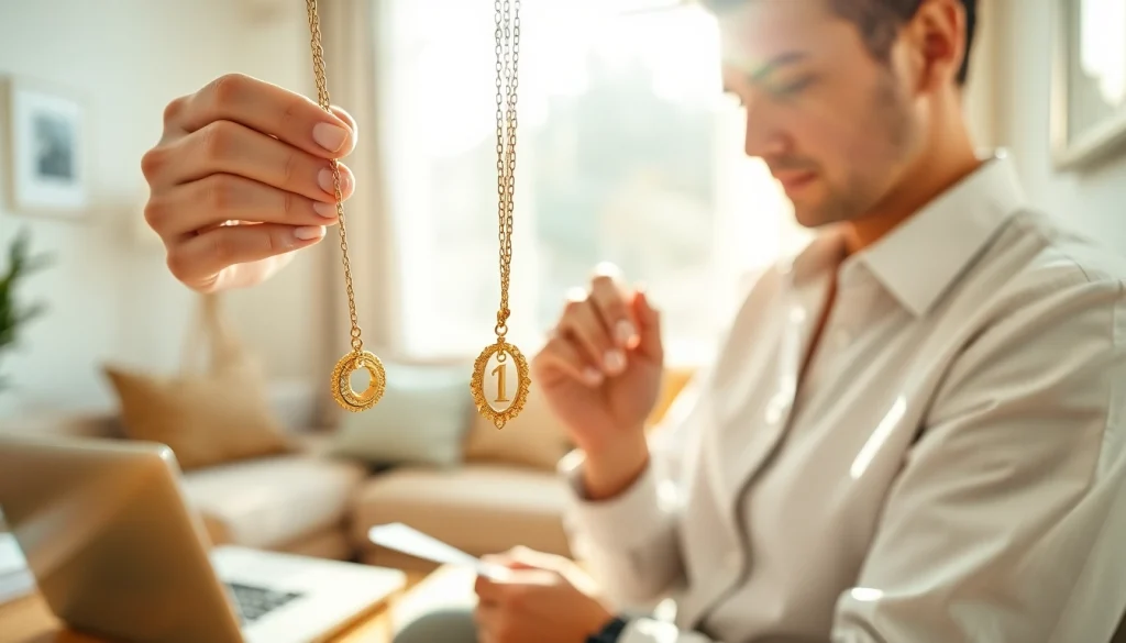 In un ambiente professionale, compro oro a distanza con gioielli in primo piano visibili e un'atmosfera rassicurante.