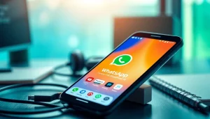 FM WhatsApp download showcased on a smartphone in a modern workspace, emphasizing app features.