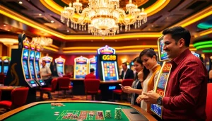 Engaged players enjoying the thrill of gg88 slot machines in a luxurious casino setting.
