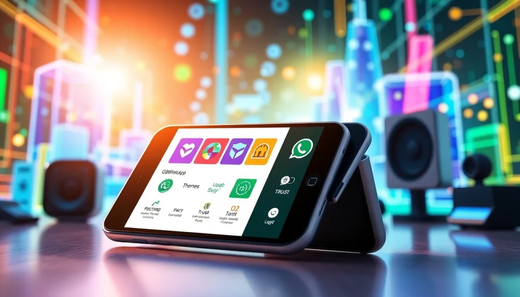 Showcase of GBWhatsApp features on a smartphone screen with vibrant customization options in a tech-inspired setting.