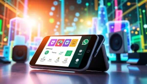 Showcase of GBWhatsApp features on a smartphone screen with vibrant customization options in a tech-inspired setting.