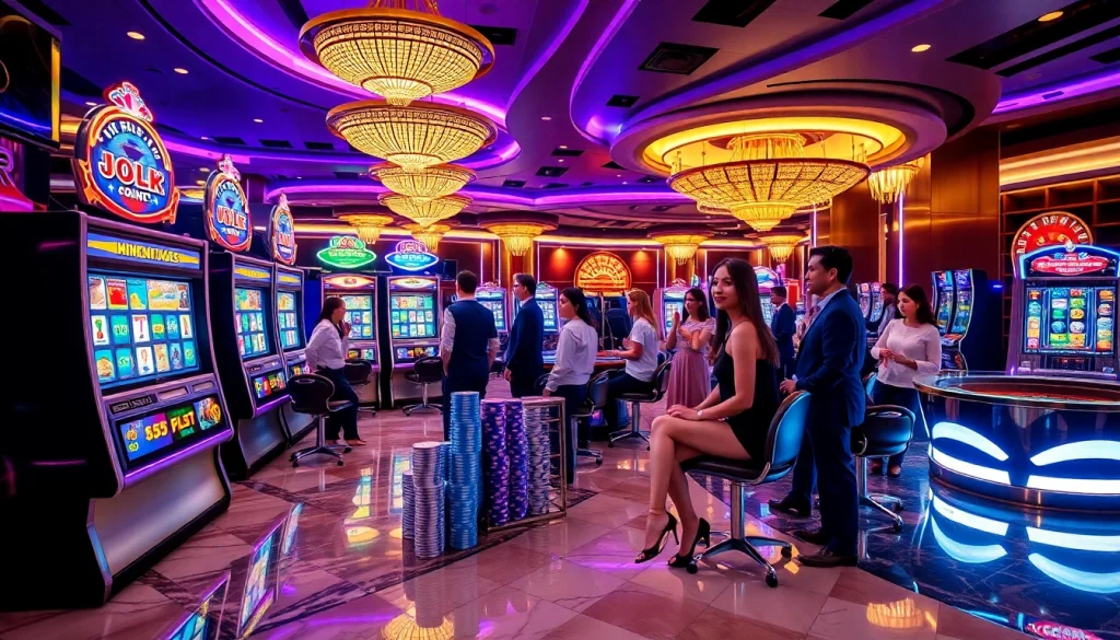 Rasakan sensasi bermain slot depo 5rb di kasino mewah dengan lampu-lampu cerah dan pemain yang terlibat.