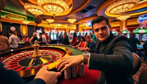 Gamble strategically with GK88 poker chips amidst a vibrant casino scene