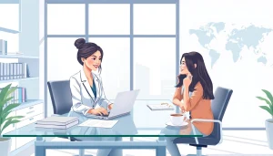 Immigration lawyer Sydney consulting with a young couple in a modern law office.