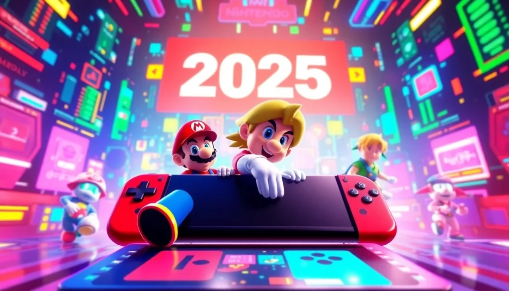 Nintendo Direct 2025 announcements featuring Nintendo characters celebrating new game reveals.
