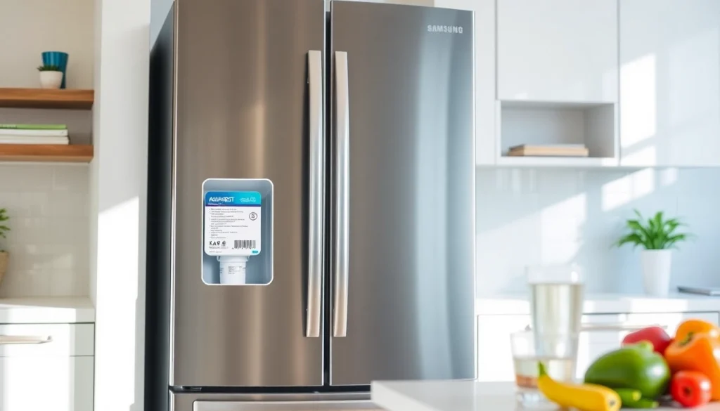 AQUA CREST DA97-17376B Replacement for Samsung DA97-08006C visible in a modern kitchen with fresh produce.