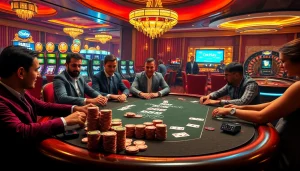 Players engaging in a high-stakes poker game at an opulent casino, featuring oxplay branding and luxury visuals.