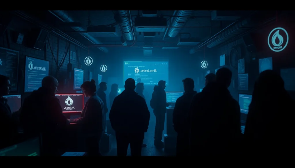 Engaging illustration of a dark web marketplace, inspired by the hidden wiki concept, with ambient lighting and digital elements.