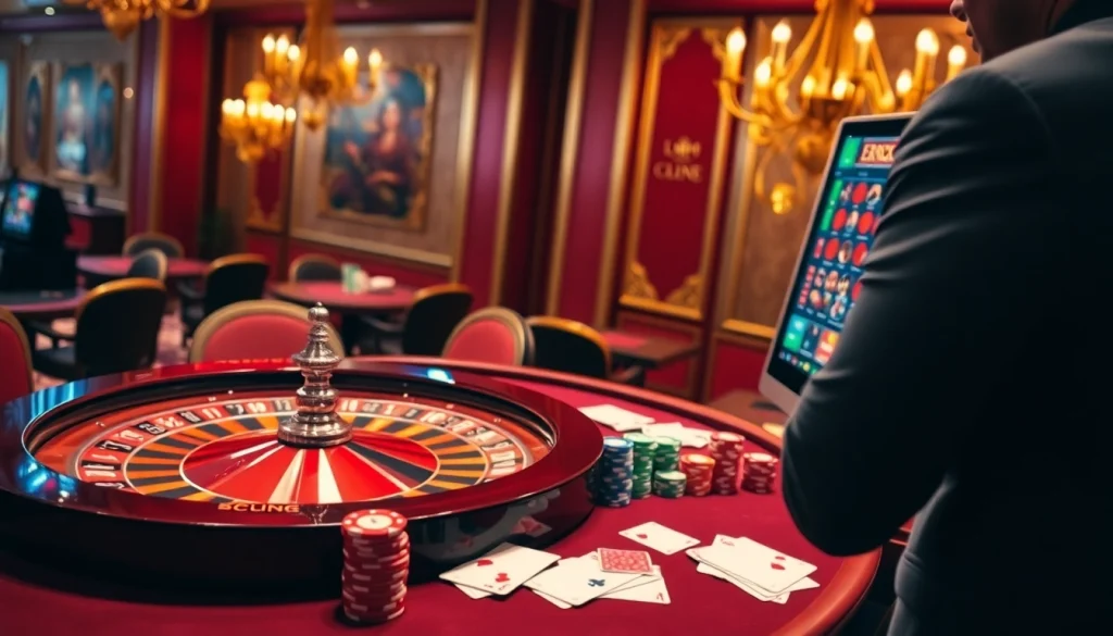 Người chơi đang tham gia tại bàn roulette, thể hiện sự phấn khích của https://luck8.com trong một casino sống động.